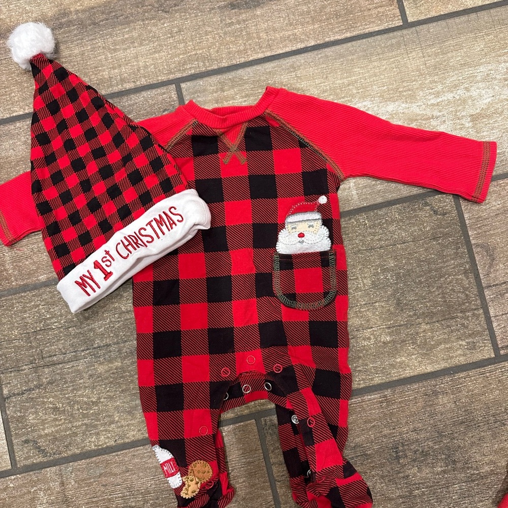 Mud Pie Red and Black Plaid Footie with Santa Pocket